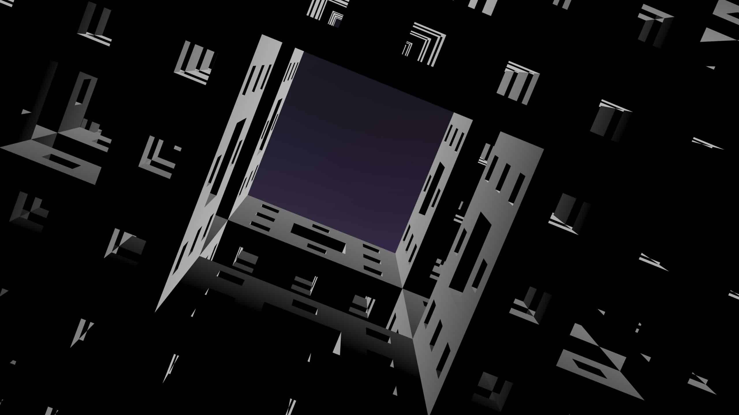 Abstract digital art of a futuristic cityscape with geometric patterns and a night sky.